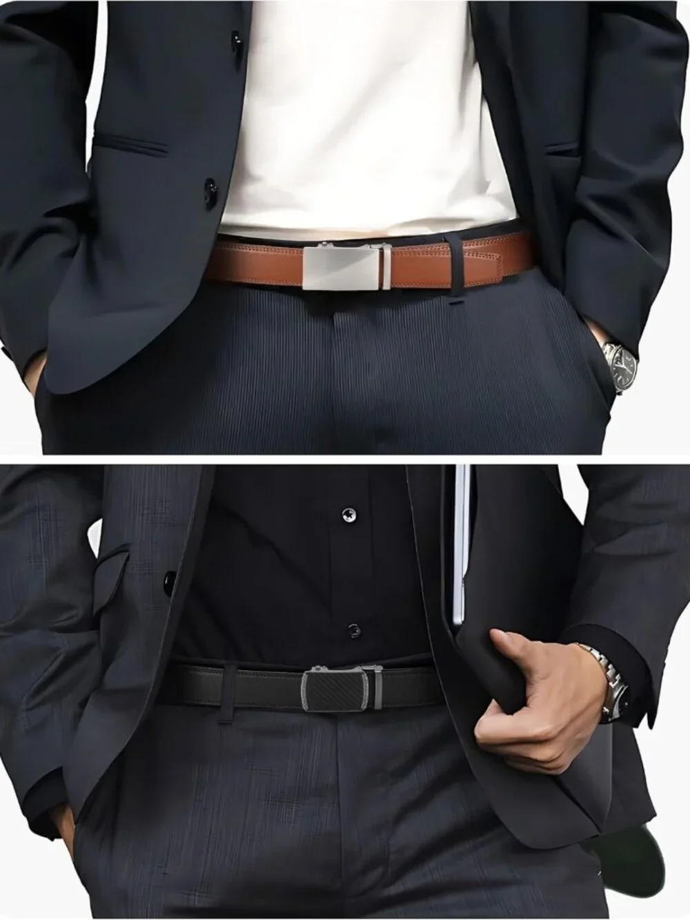 Men's Leather Ratchet Belt 2-Pack - Micro-Adjustable, Smooth Sliding, Trim to
